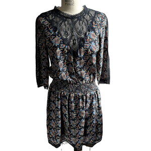 SEA Black Silk Paisley Print & Lace Neckline Dress - size 8